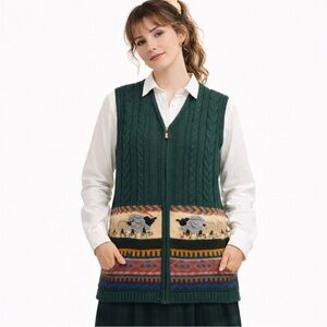 Vintage Sweater Vest Sheep Green Embroidered Zip Large Farm Cottage Gina Peters